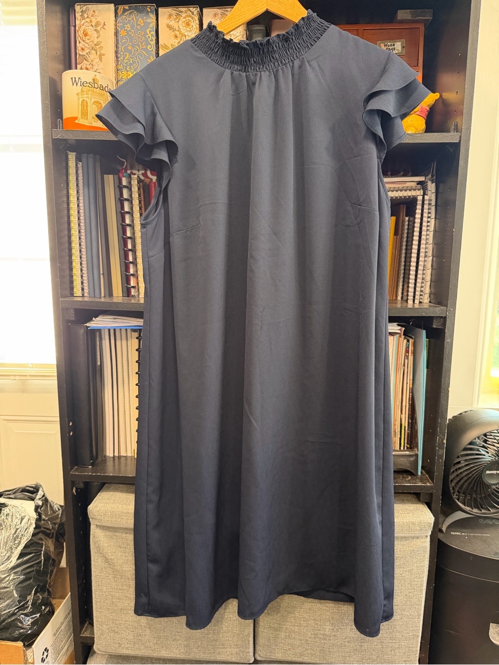 Ann Taylor Factory Navy Smocked-Neck Flutter Sleeve Midi Dress
